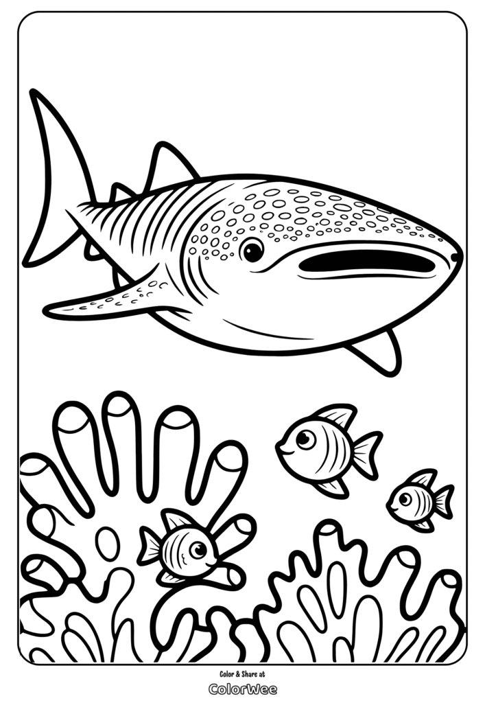 Whale shark and fish coloring page for kids.