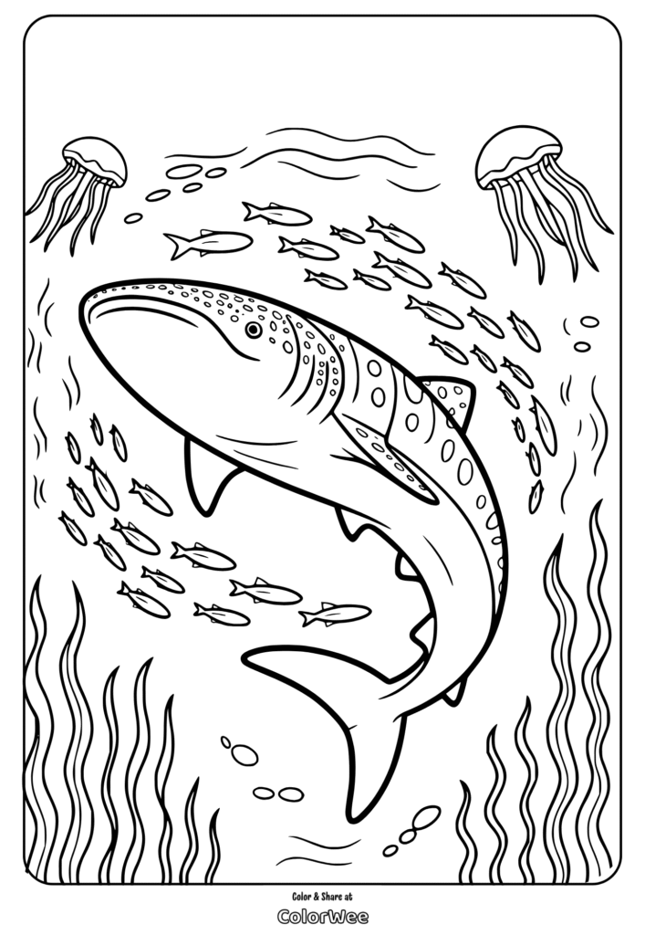 Whale shark coloring page with fish and jellyfish.