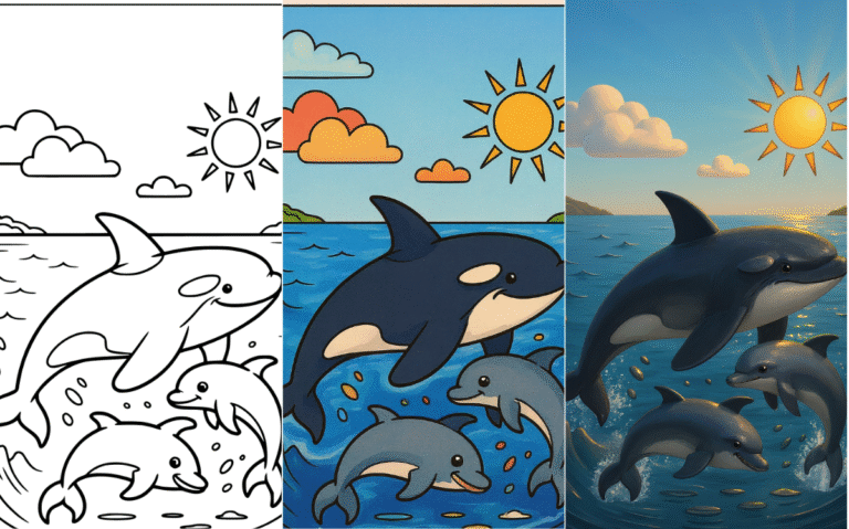 Jumping dolphins coloring page with sun and clouds in the background.