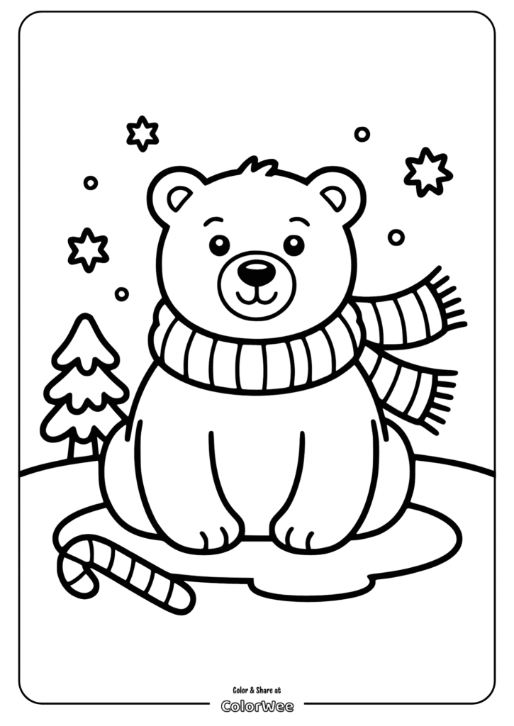 Winter bear coloring page with scarf and stars.