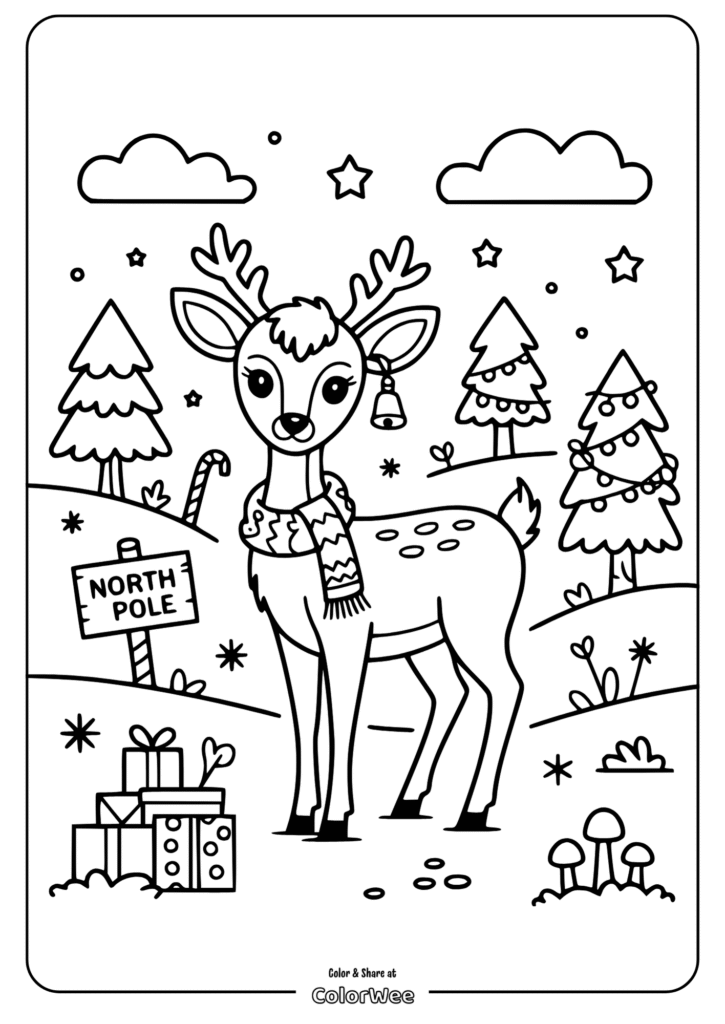 North Pole reindeer coloring page with festive trees and presents.