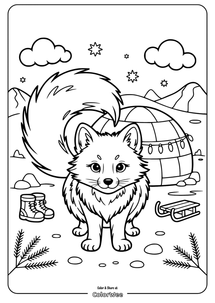 Arctic fox coloring page with igloo and sled in snowy scene.