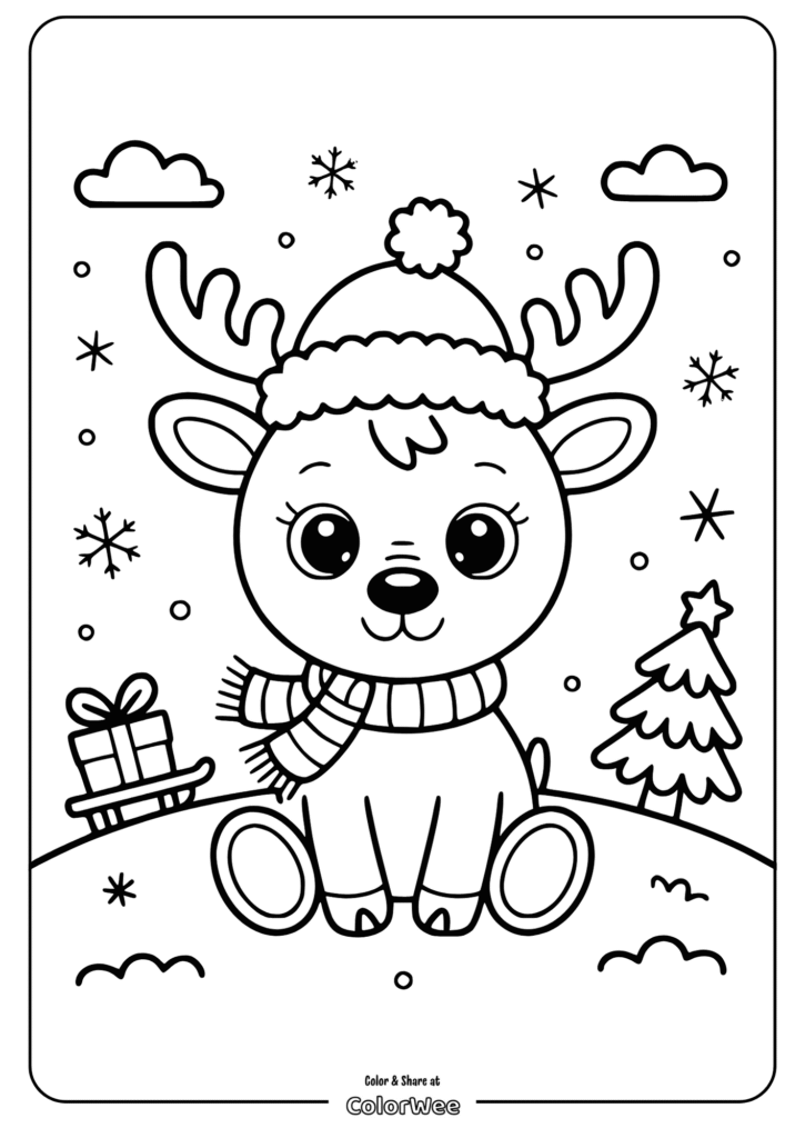 Cute reindeer in winter scene coloring page for kids.