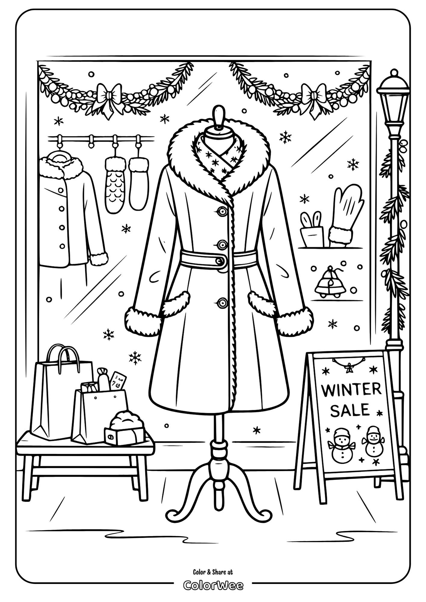 Winter coat coloring page with holiday decorations and shopping theme.