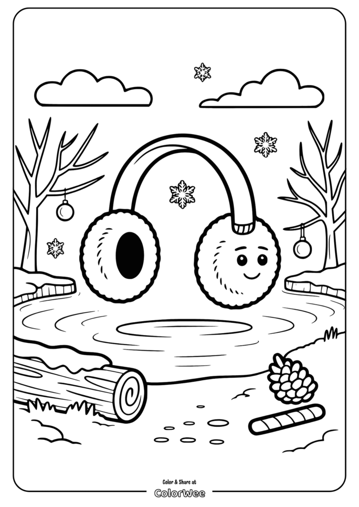 Cute winter earmuffs coloring page with snowy background.