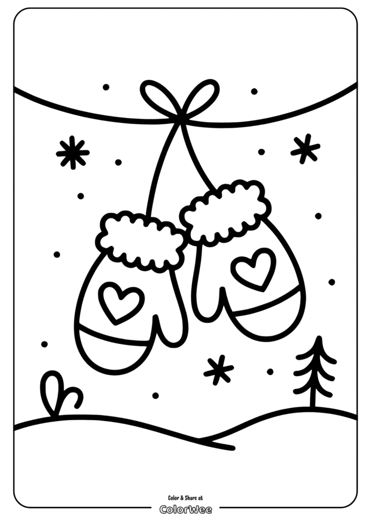 Winter mittens coloring page with snowflakes and tree.
