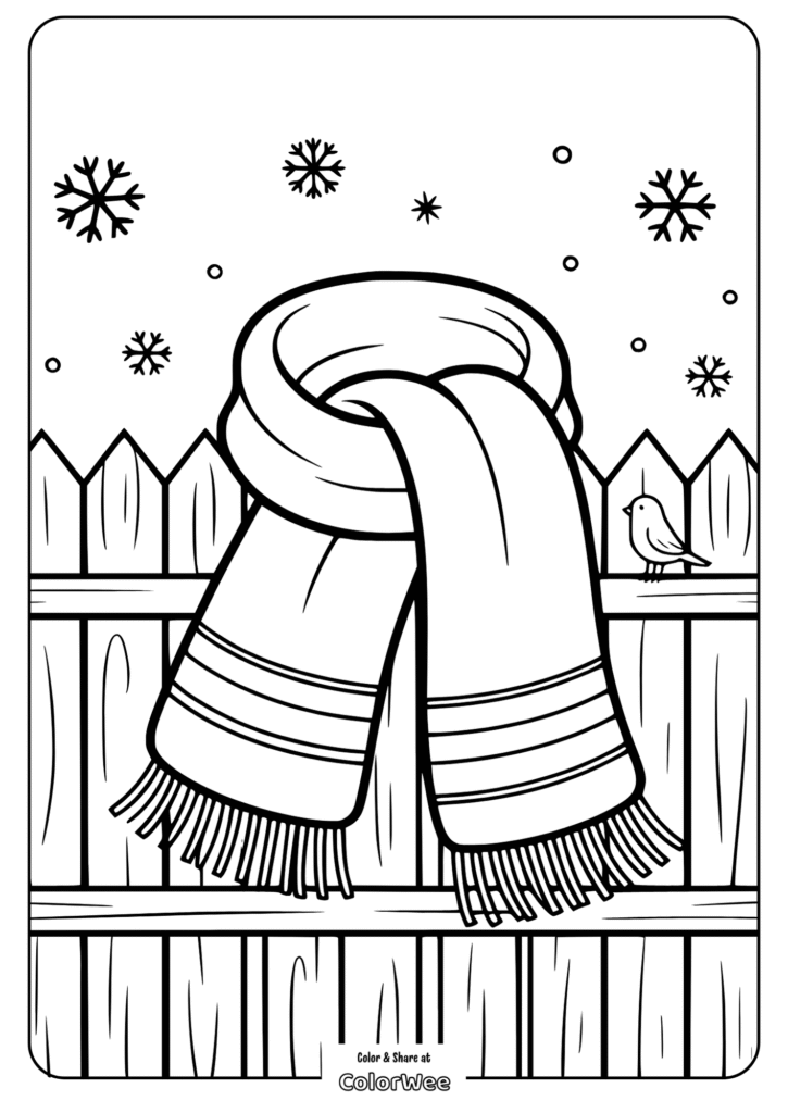 Winter scarf on fence with snowflakes and bird coloring page.