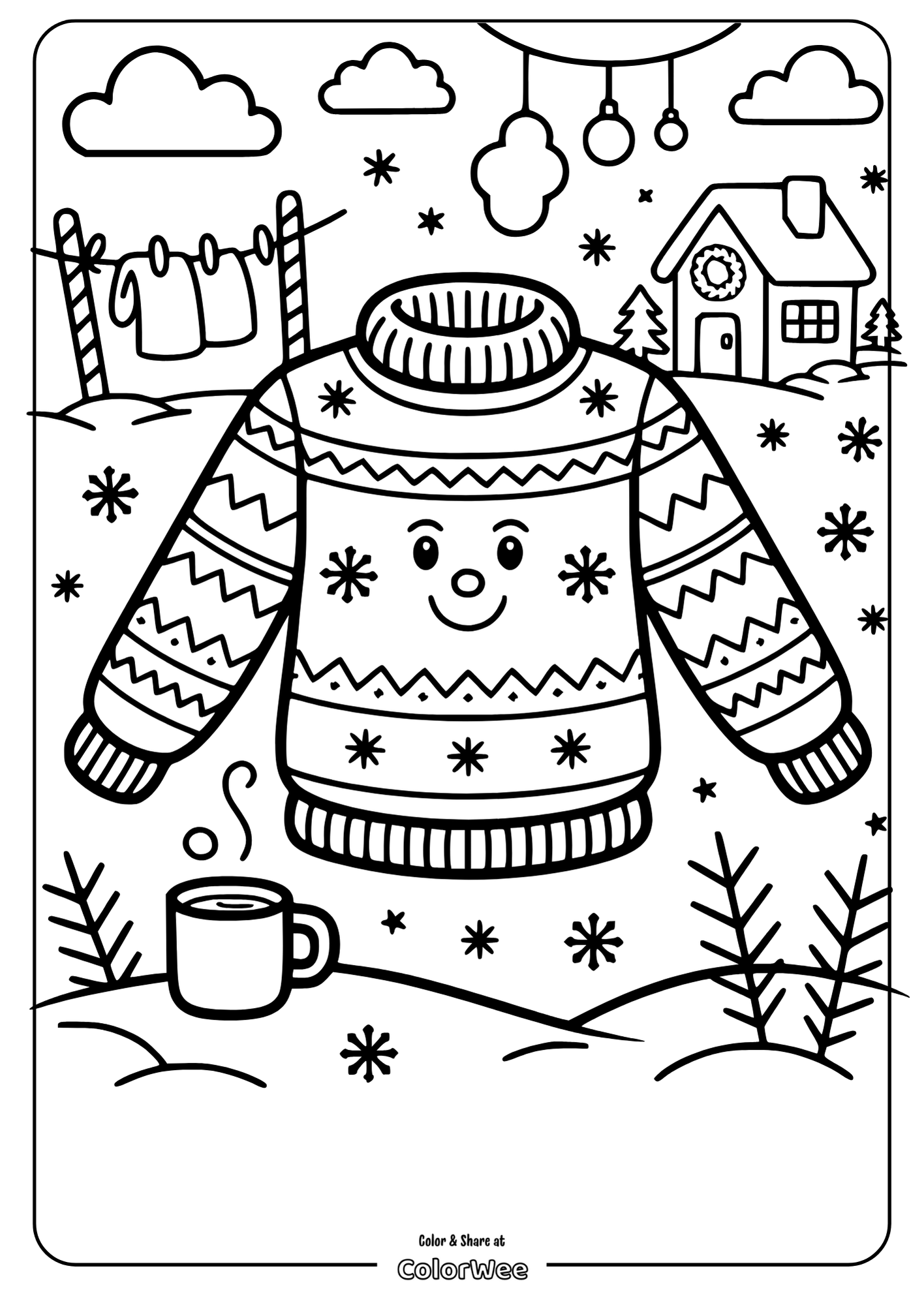 Coloring page of a festive sweater with snowflakes and winter scene.