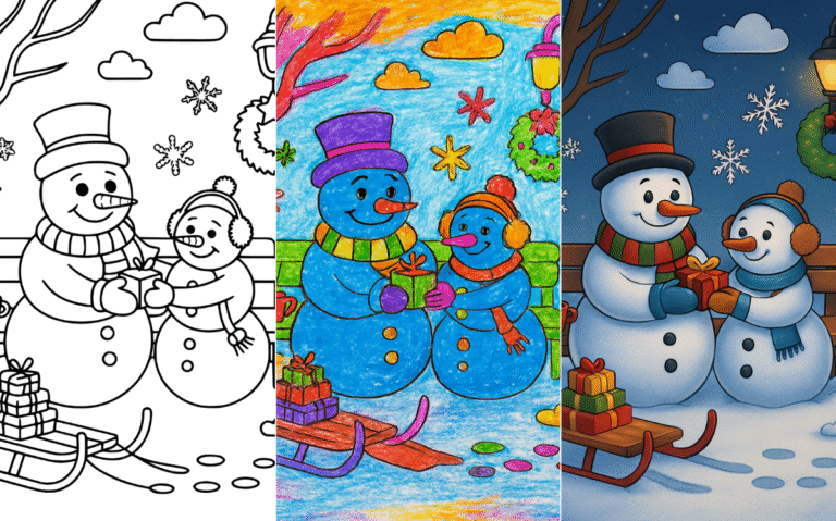 Snowman coloring page with gifts and winter scenery.