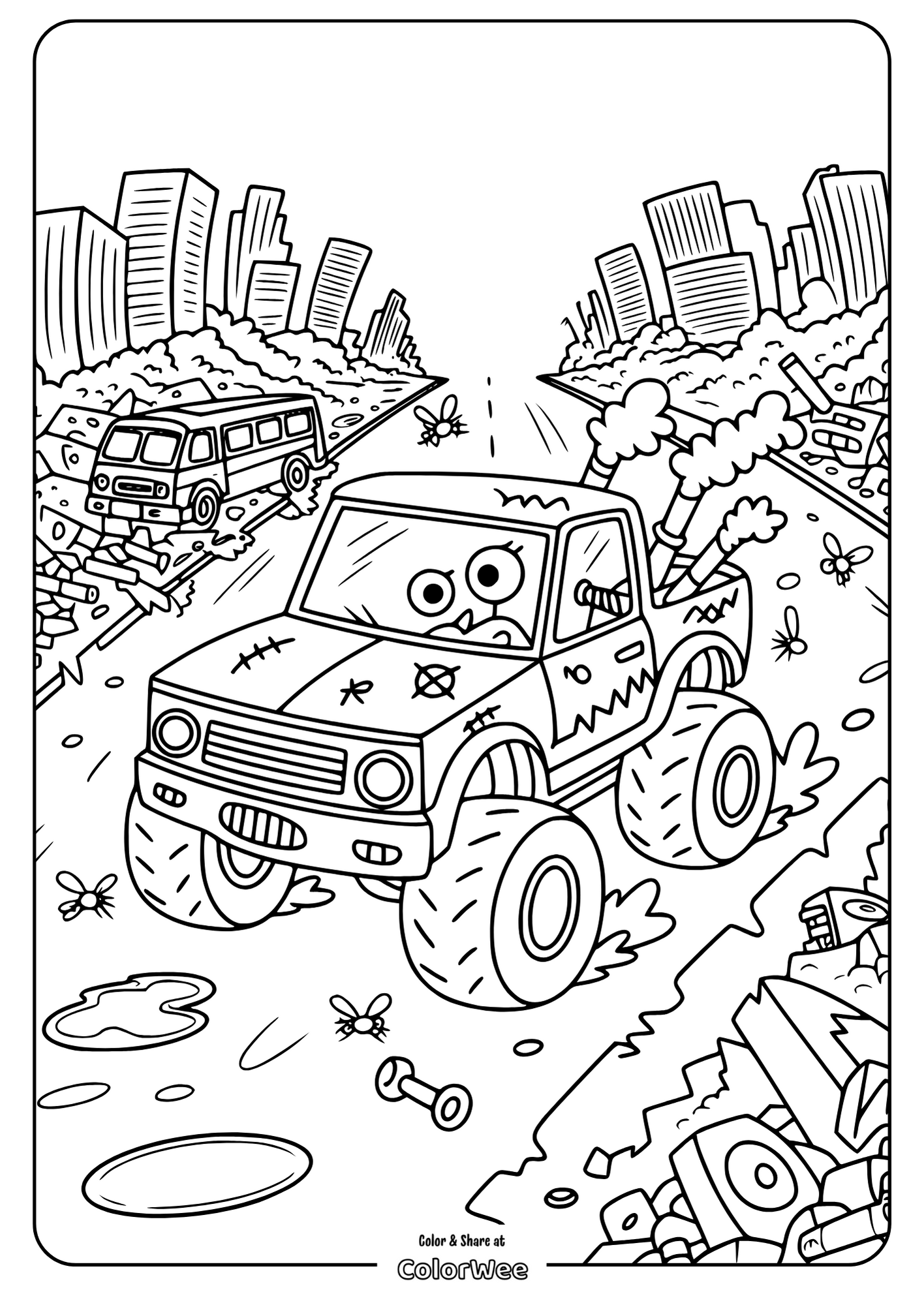 Monster truck coloring page with city and debris background.