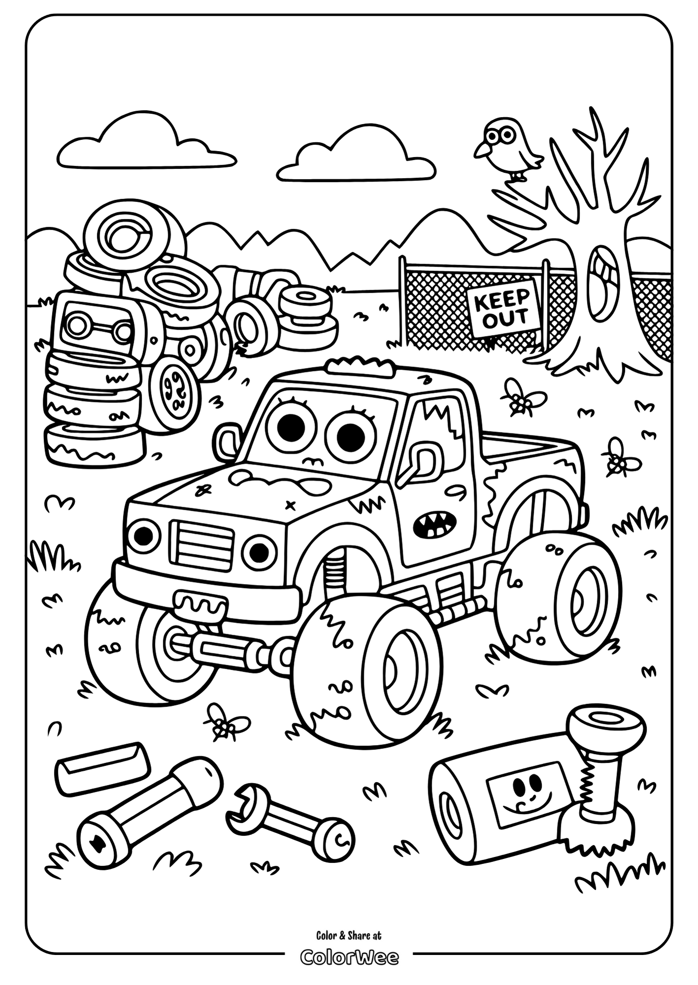 Monster truck in junkyard coloring page for kids.