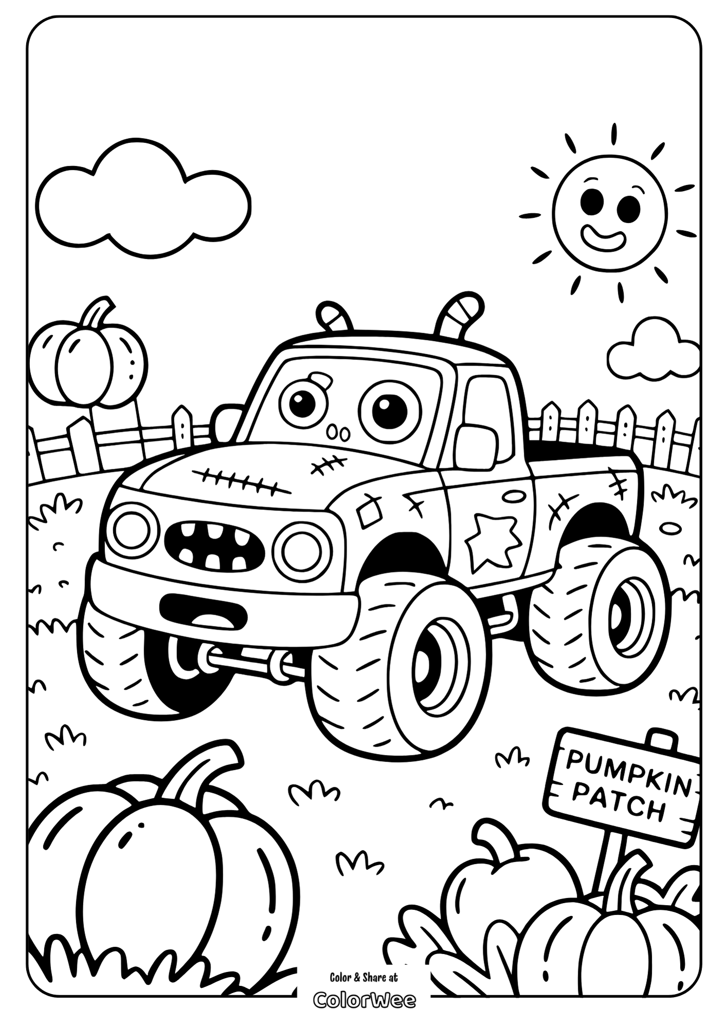 Cartoon truck in pumpkin patch coloring page with smiling sun.