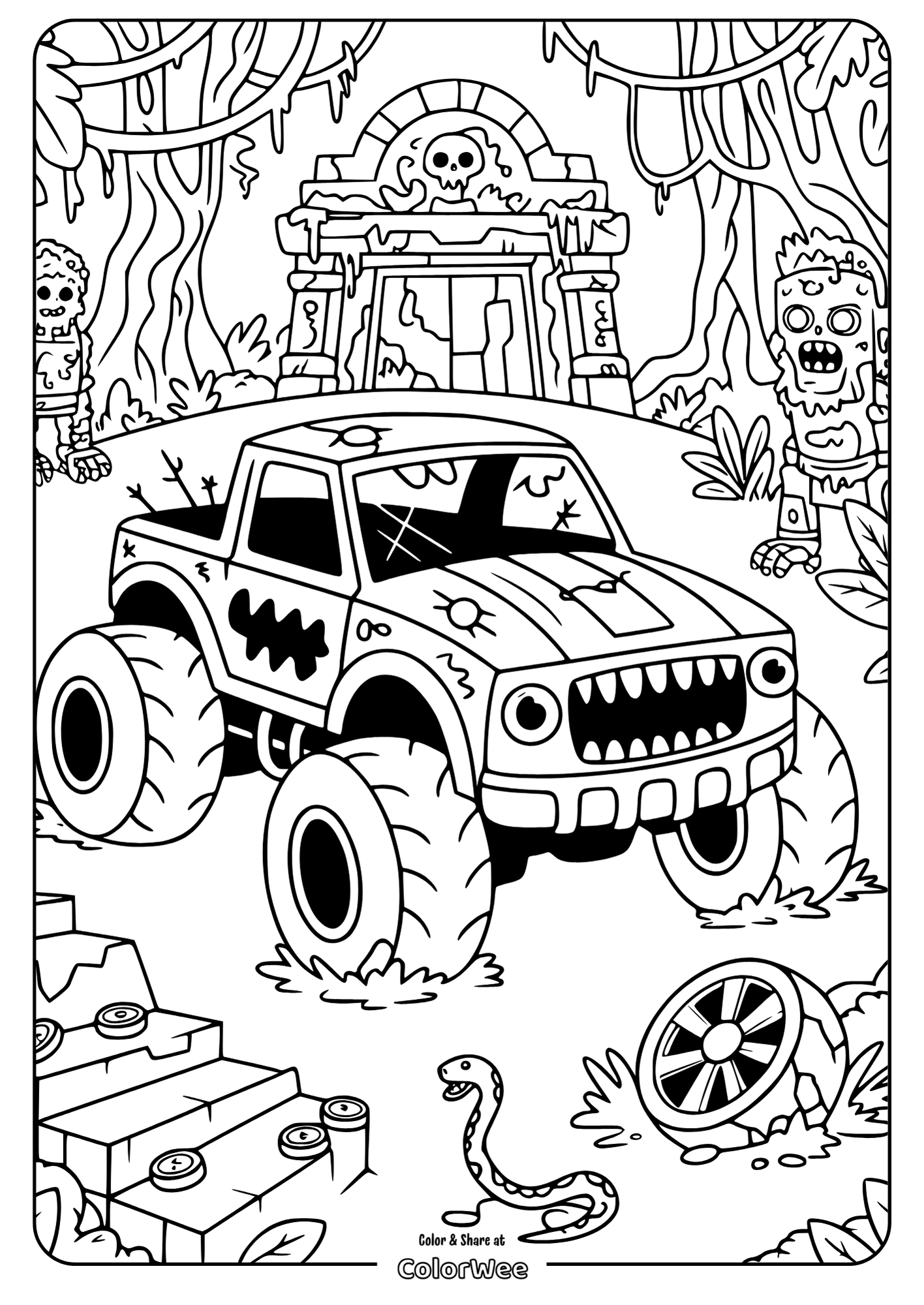 Scary monster truck in spooky jungle coloring page for kids.