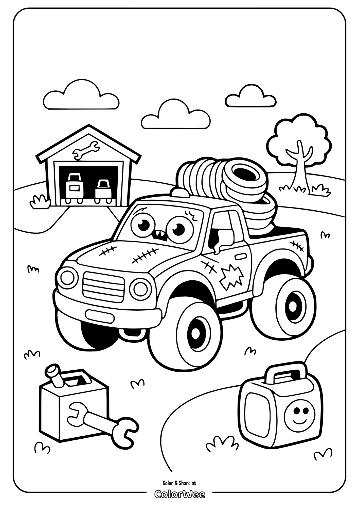 Cute monster truck in a scenic countryside coloring page for kids.