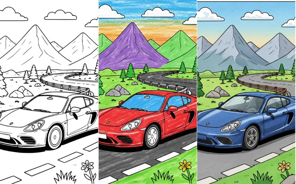 CAR COLORING PAGE Sports car on scenic mountain road coloring page