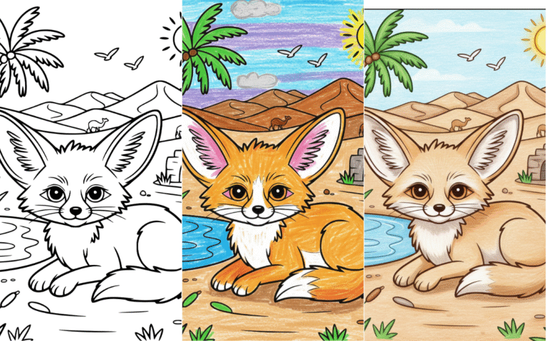 Desert fox coloring page with palm trees and mountains.