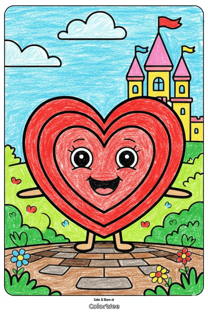 Happy heart character with castle; kids coloring page.