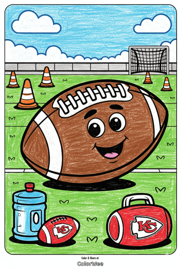 Happy football coloring page with gear and field background.