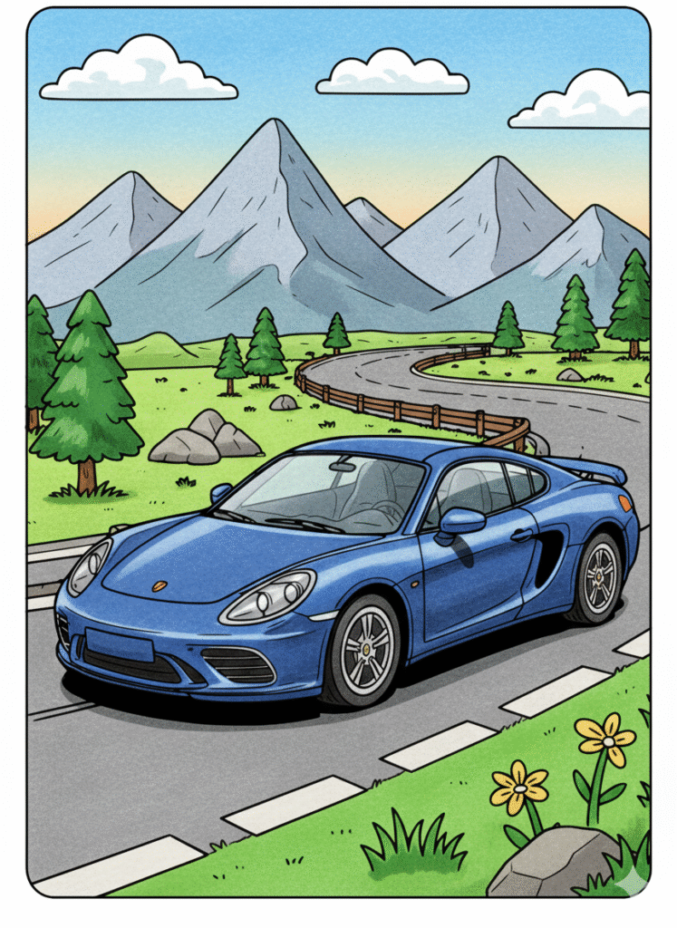 Blue sports car on scenic mountain road, coloring page.