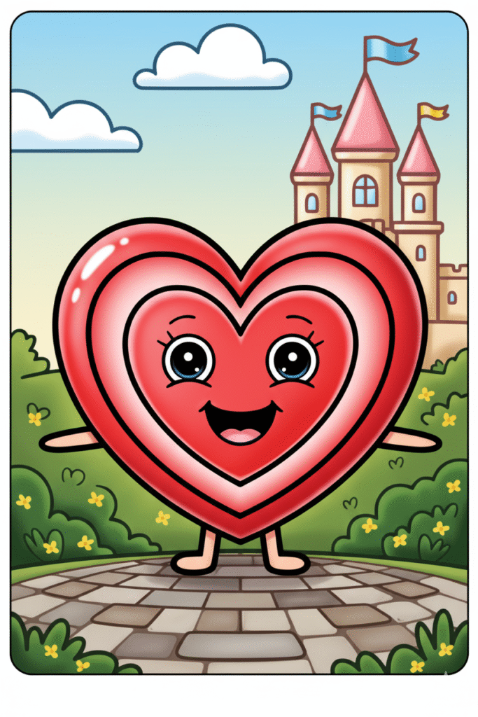 Cartoon heart character in castle garden coloring page.