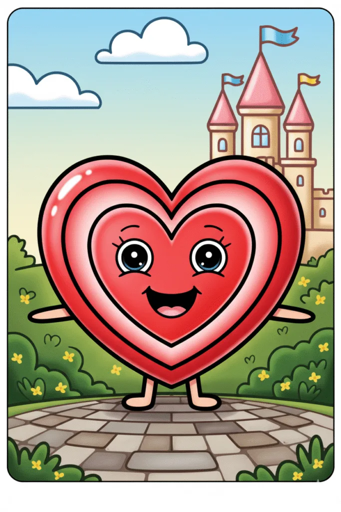 Cartoon heart character in castle garden coloring page.
