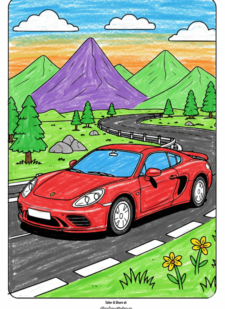 Red sports car on mountain road coloring page.