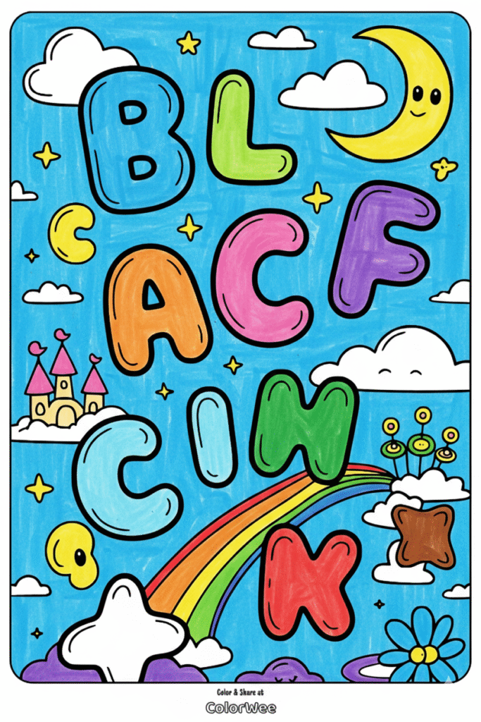 Colorful alphabet with clouds, stars, moon, and rainbow on a blue background.