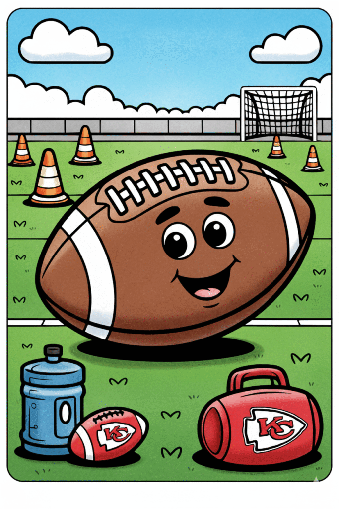 Smiling football on field with cones and equipment, coloring page.
