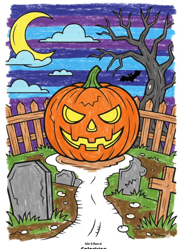 Spooky Halloween pumpkin and graveyard scene coloring page.