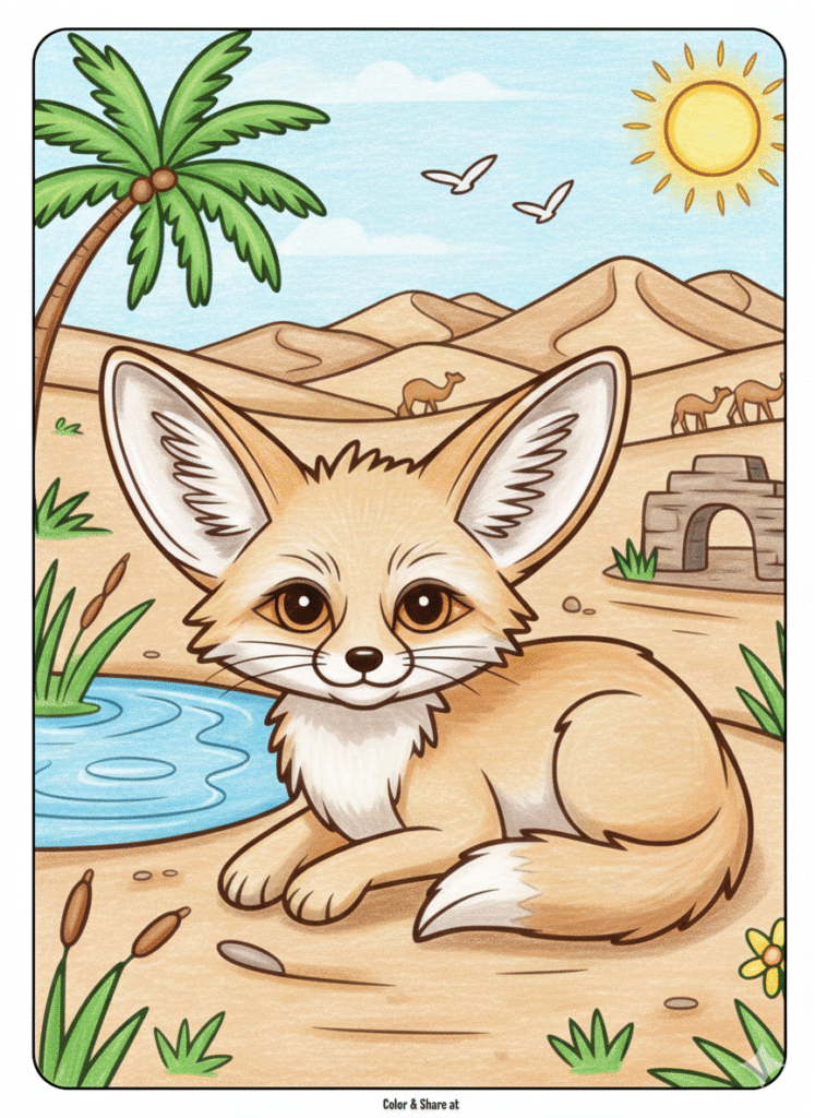 Desert fox coloring page with oasis and camels in background.