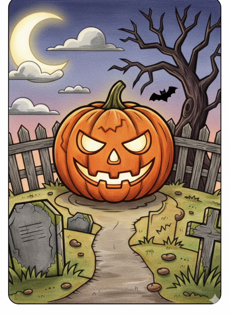 Spooky Halloween pumpkin in graveyard coloring page.