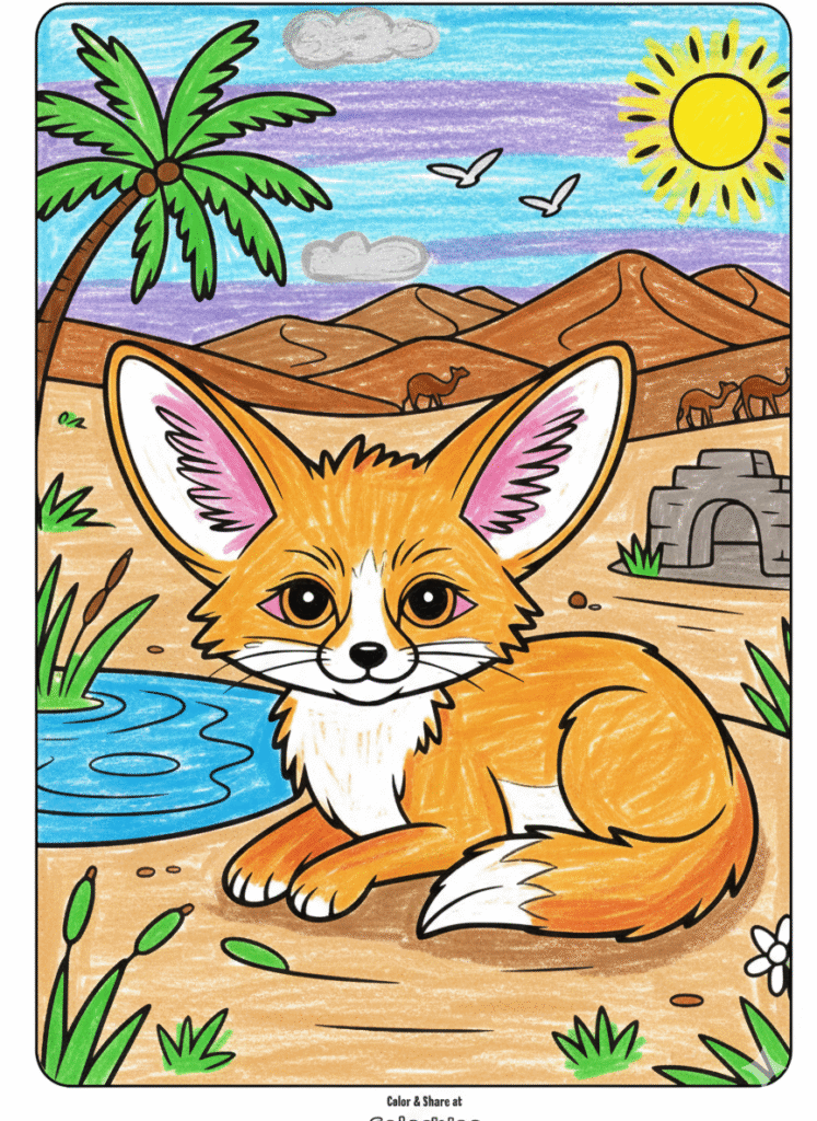 Desert fox by an oasis under a sunny sky coloring page.