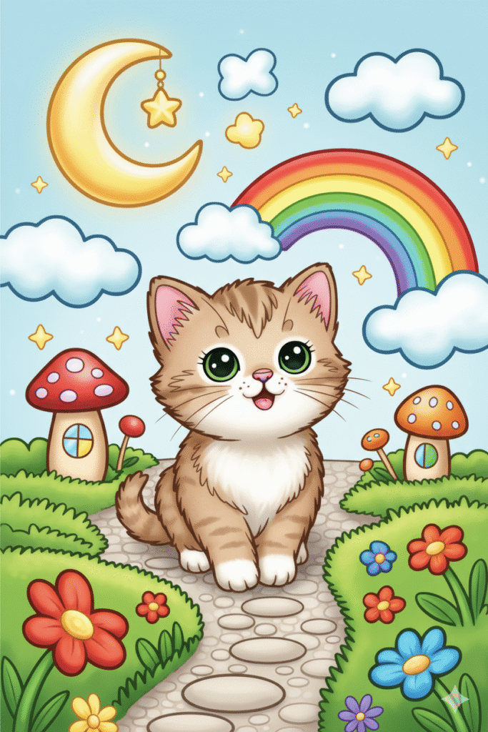 Cute kitten coloring page with rainbow, moon, stars, flowers, and mushrooms.