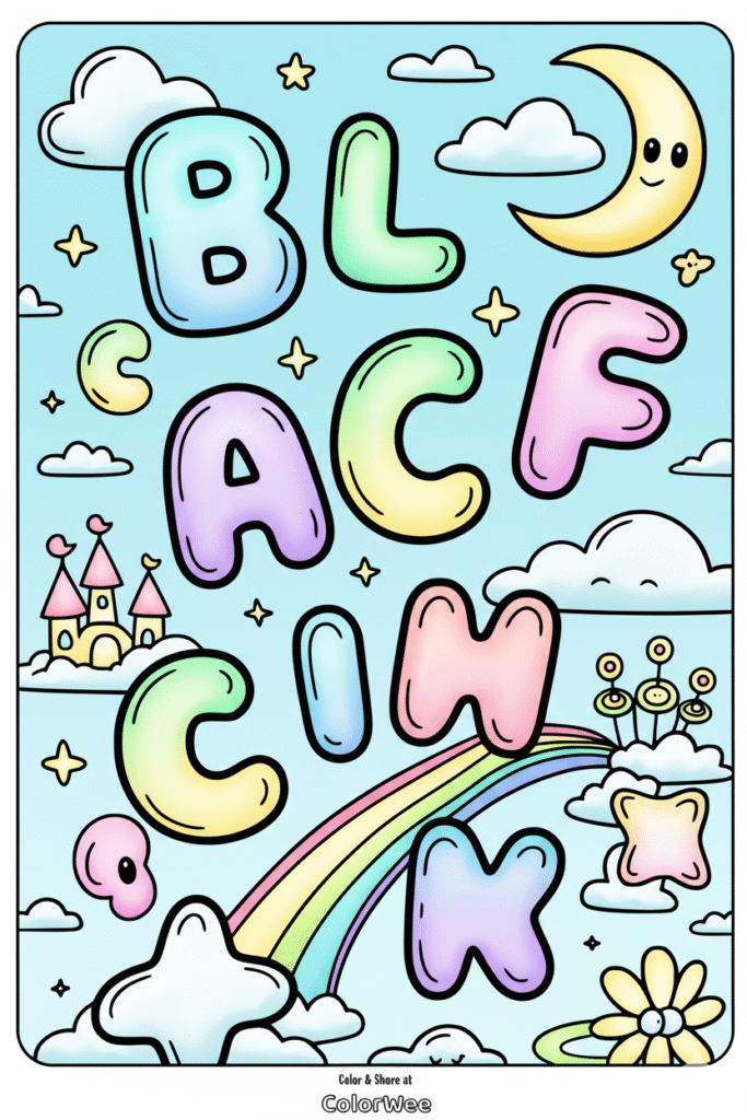 Whimsical letters and stars with a rainbow background coloring page.