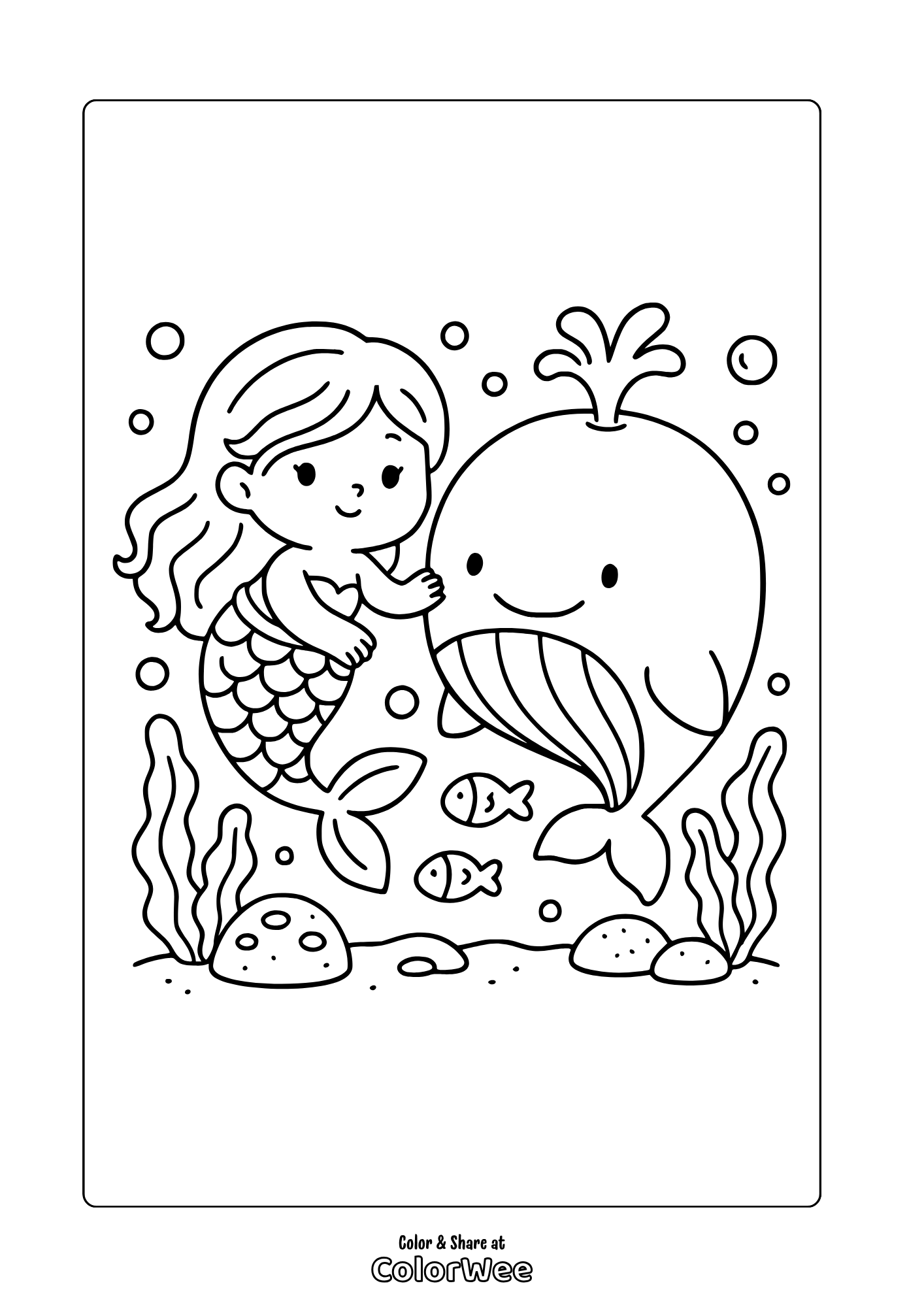 Mermaid Whale Coloring Page Mermaid and whale coloring page with fish and sea plants.