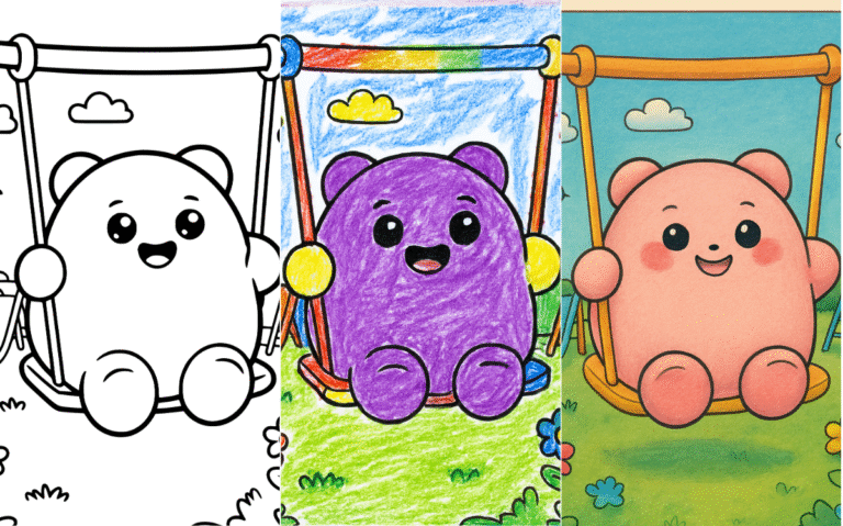 Cute bear on a swing coloring page for kids' fun creativity.