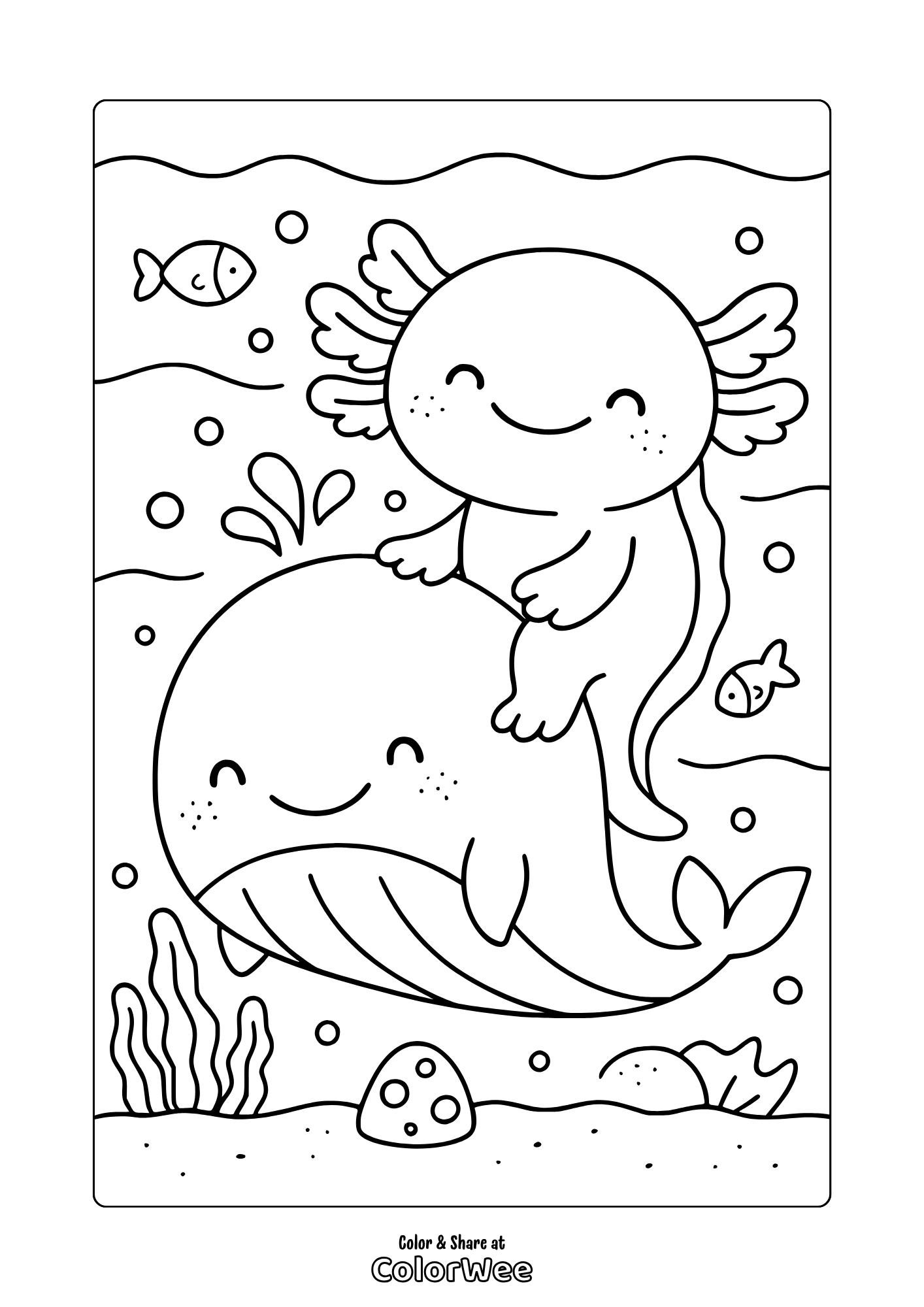 Whale Axolotl Coloring Page Axolotl riding a whale undersea, cute coloring page for kids.