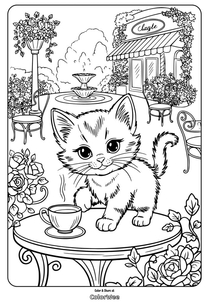 Cute kitten at a cafe table coloring page.