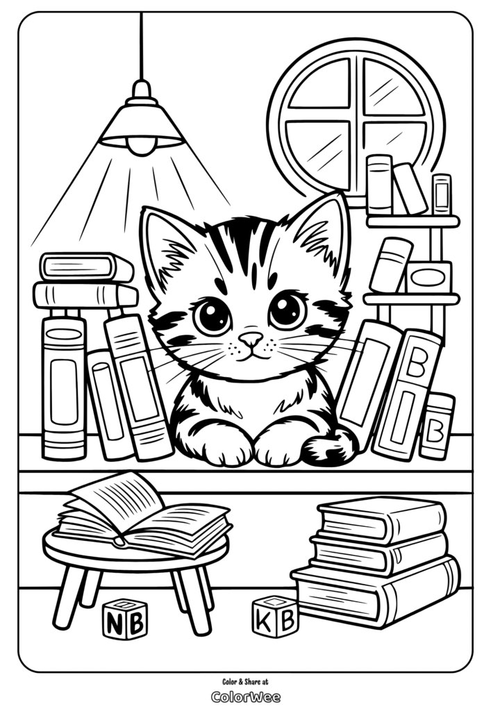 Cute kitten with books coloring page for kids.