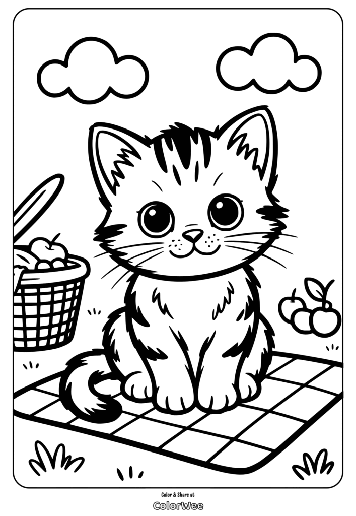 Cute kitten on picnic blanket coloring page.