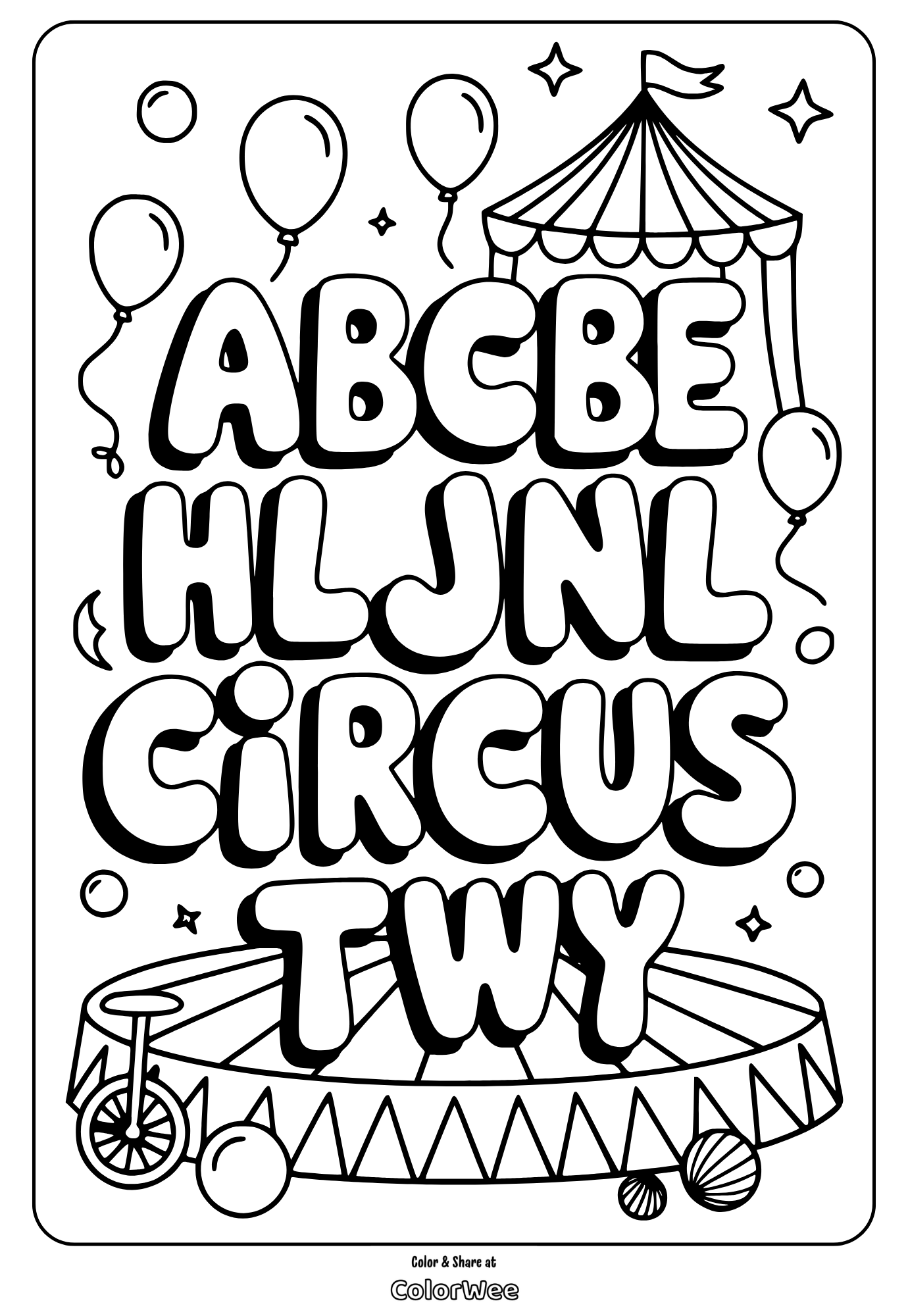 Circus theme coloring page with letters and balloons