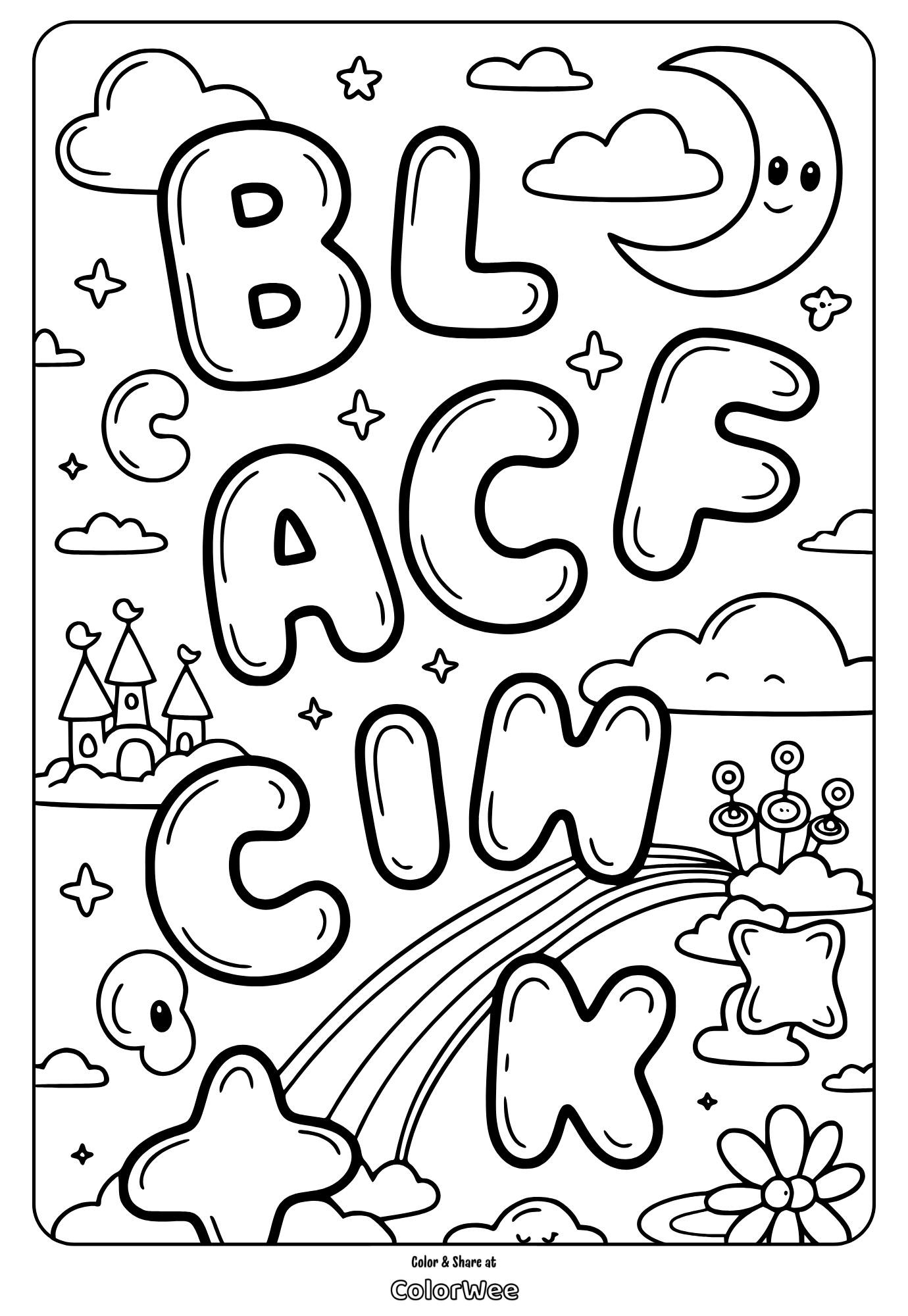 Whimsical letters and moon coloring page with clouds and rainbow.