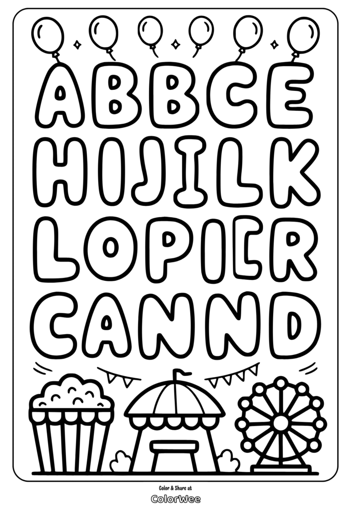 Alphabet coloring page with carnival theme. Balloons, popcorn, and Ferris wheel.