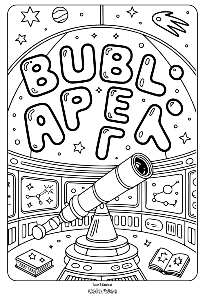 Space-themed coloring page with telescope and stars.