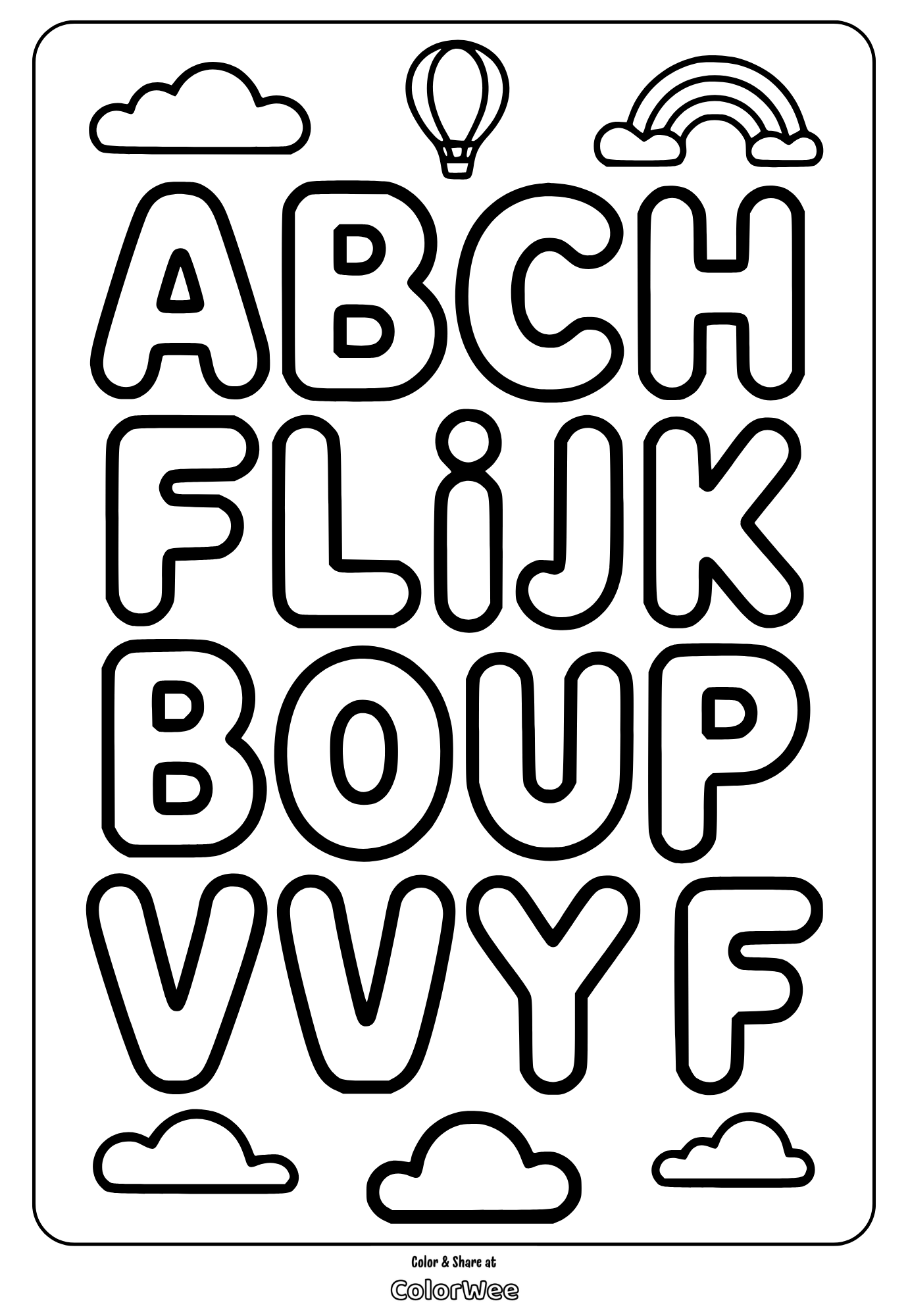 Alphabet coloring page with clouds, hot air balloon, and rainbow.