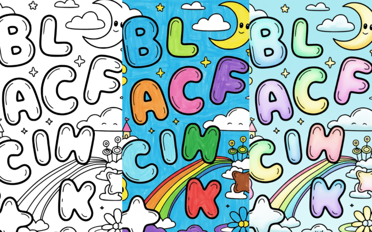Alphabet coloring page with rainbow, clouds, and night sky theme.