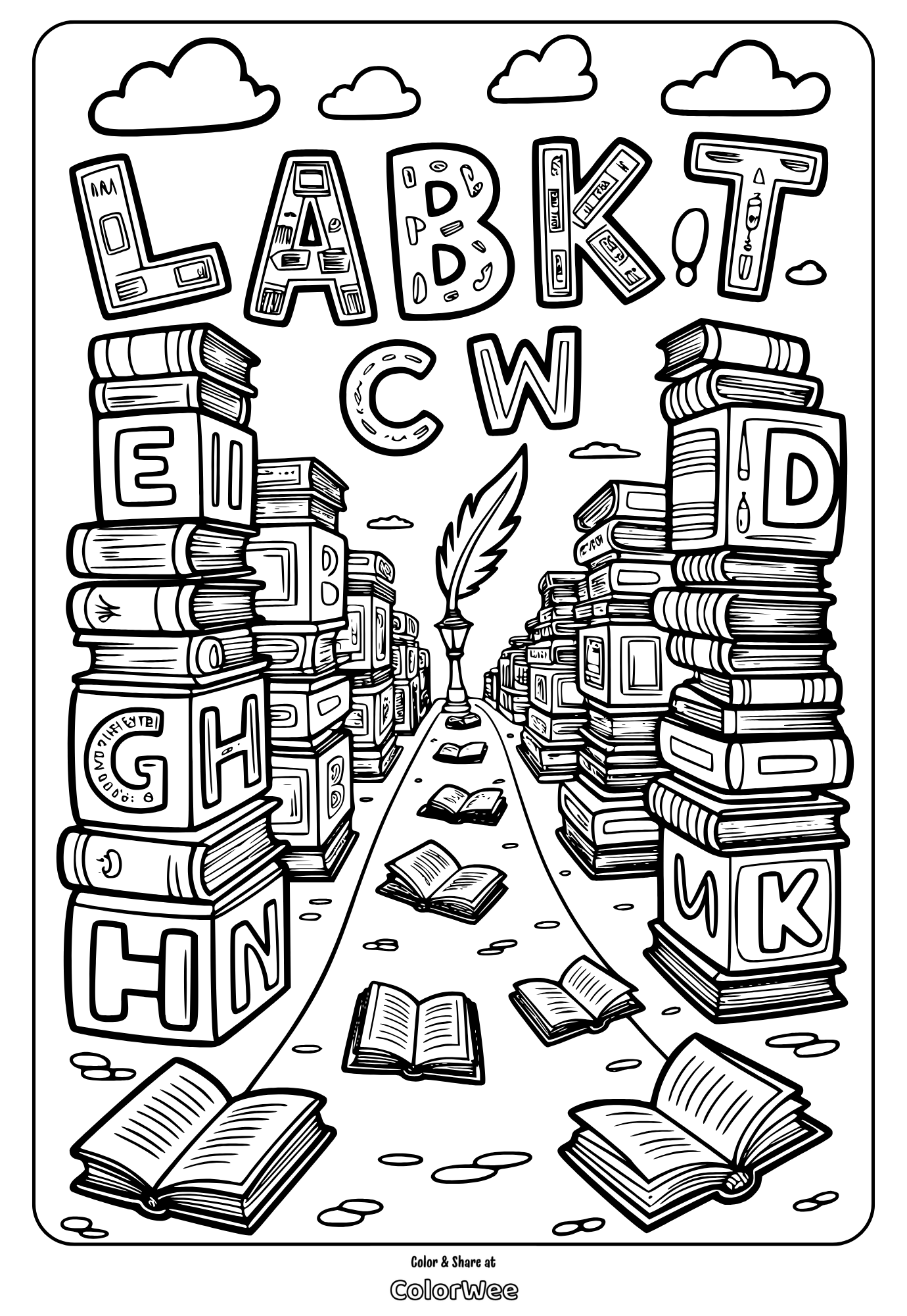 Coloring page with books and letters, perfect for word lovers.