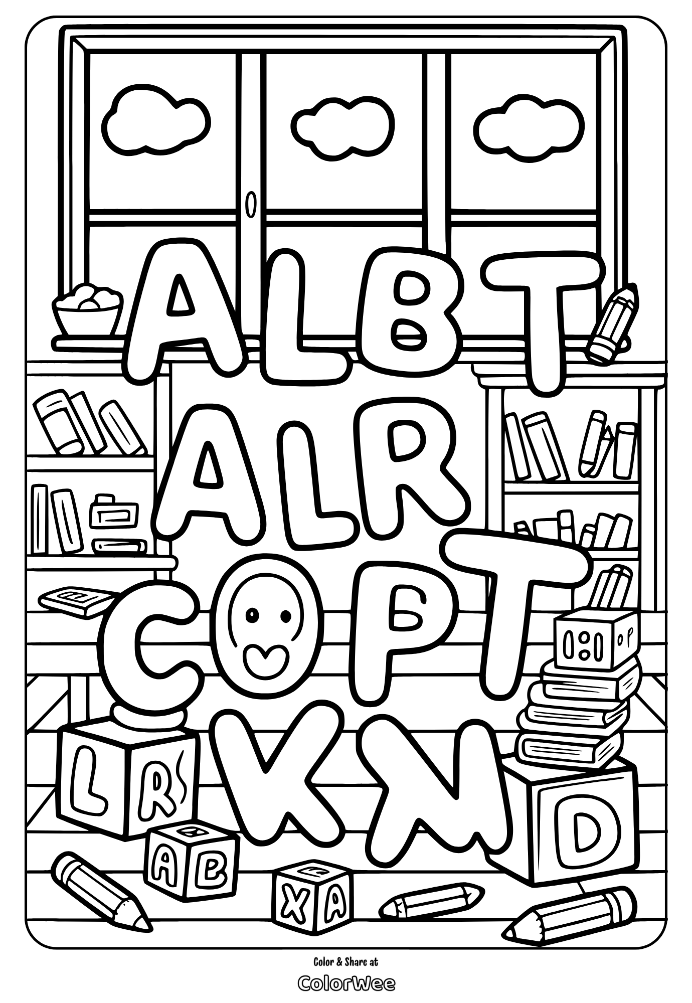 Kids' alphabet coloring page with blocks and books.
