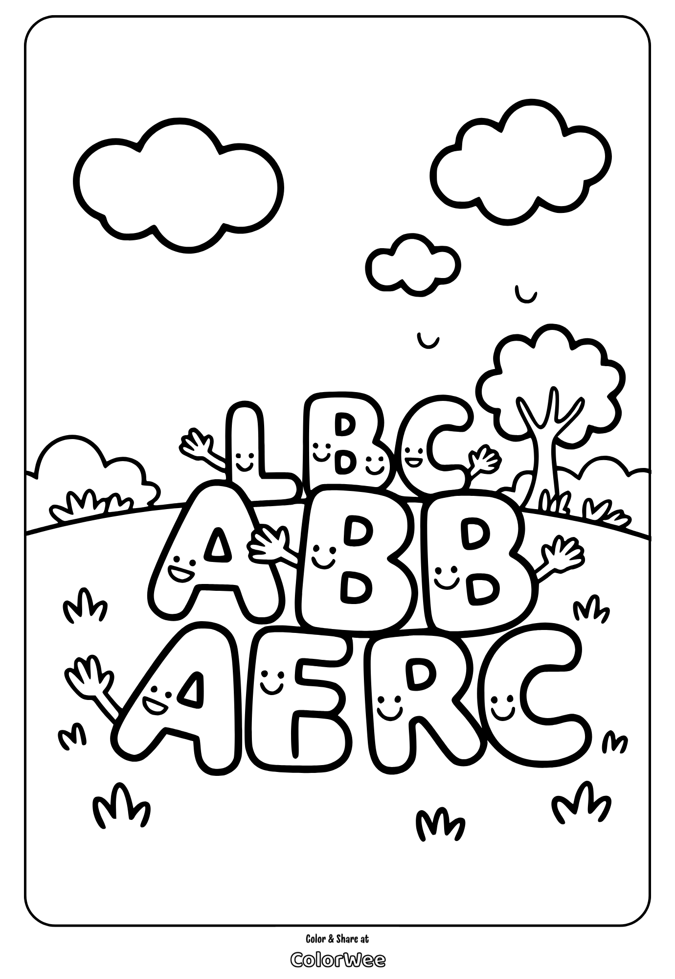 Cute letters coloring page with smiling clouds and tree.