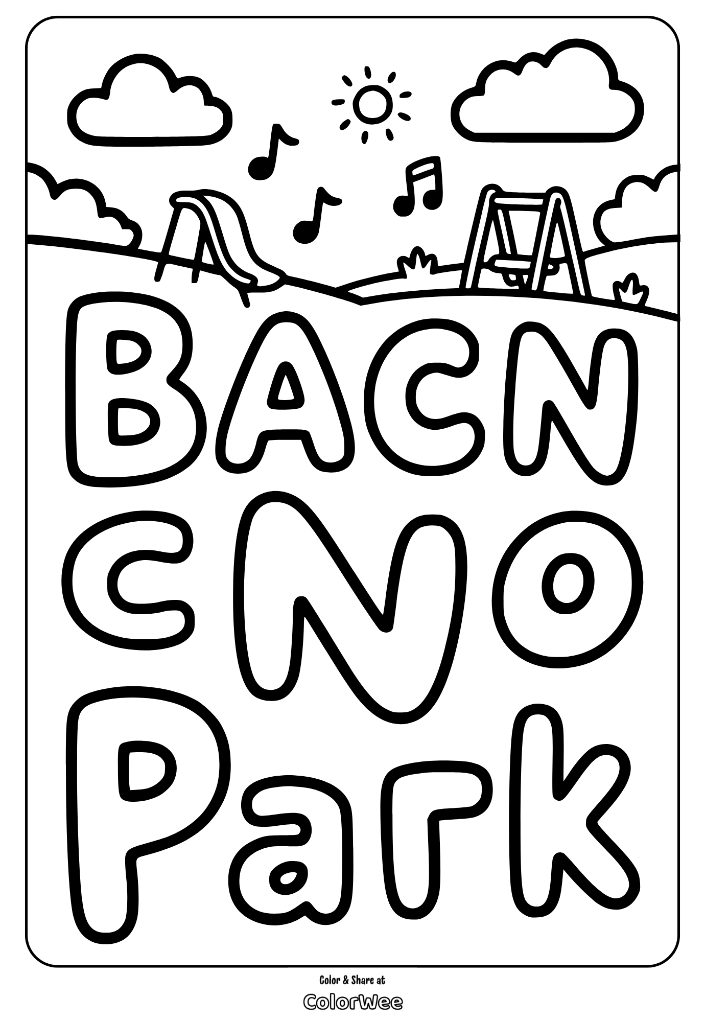 Kids park coloring page with playground and musical notes
